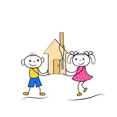 Obraz na płótnie Canvas Cartoon stickman figures of boy and girl buying or moving to new house. Vector illustration