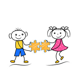 Stickman boy and girl holding puzzle icons. Teamwork or problem solving cartoon figures. Vector illustration