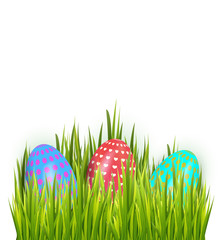 Happy Easter colorful painted eggs isolated on white background with grass. Greeting card decoration elements. Vactor illustration
