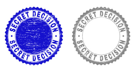 Grunge SECRET DECISION stamp seals isolated on a white background. Rosette seals with distress texture in blue and gray colors.