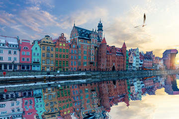 Fototapeta premium Gdansk riverside view, beautiful Old Town facades and Zuraw Port Crane