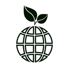 Globe with green leaves icon. Symbol of ecological, sustainable, green and pollution free planet. Vector Illustration