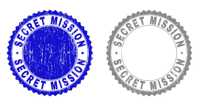 Grunge SECRET MISSION stamp seals isolated on a white background. Rosette seals with grunge texture in blue and grey colors. Vector rubber overlay of SECRET MISSION text inside round rosette.