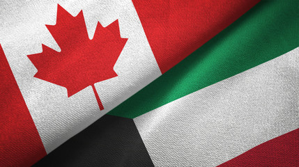 Fototapeta na wymiar Canada and Kuwait two flags textile cloth, fabric texture