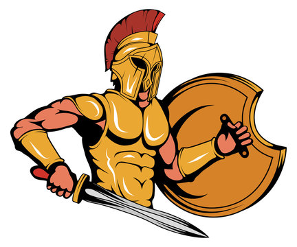 Spartan Warrior Mascot Graphic, roman warrior with a traditional weapon, spartan warrior in gold armor, suitable as logo or team mascot, roman warrior with a sword in his hand