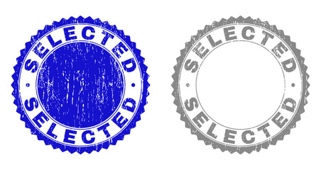 Obraz premium Grunge SELECTED stamp seals isolated on a white background. Rosette seals with distress texture in blue and gray colors. Vector rubber stamp imitation of SELECTED text inside round rosette.