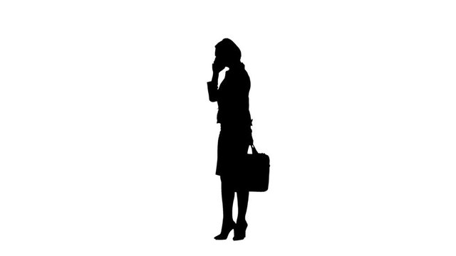 Silhouette woman shouting and argue on the phone. White background. Silhouette