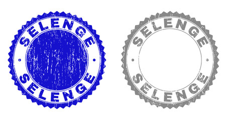 Grunge SELENGE stamp seals isolated on a white background. Rosette seals with grunge texture in blue and grey colors. Vector rubber stamp imitation of SELENGE label inside round rosette.