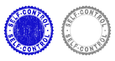 Grunge SELF-CONTROL stamp seals isolated on a white background. Rosette seals with distress texture in blue and gray colors. Vector rubber stamp imprint of SELF-CONTROL title inside round rosette.