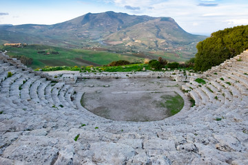 Ancien architecture of ruins Greek amphitheater, Segeste, Sicily