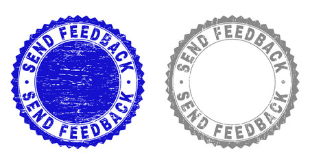 Grunge SEND FEEDBACK stamp seals isolated on a white background. Rosette seals with grunge texture in blue and grey colors. Vector rubber stamp imprint of SEND FEEDBACK label inside round rosette.