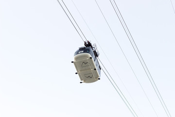 Detail of a tram to Sugarloaf Mountain. Soft blue sky. Rio de Janeiro, Brazil. 2017