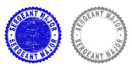 Grunge SERGEANT MAJOR stamp seals isolated on a white background. Rosette seals with grunge texture in blue and gray colors.