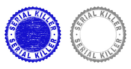 Grunge SERIAL KILLER stamp seals isolated on a white background. Rosette seals with grunge texture in blue and gray colors. Vector rubber stamp imprint of SERIAL KILLER tag inside round rosette.