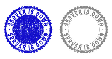Obraz premium Grunge SERVER IS DOWN stamp seals isolated on a white background. Rosette seals with grunge texture in blue and grey colors. Vector rubber stamp imitation of SERVER IS DOWN tag inside round rosette.