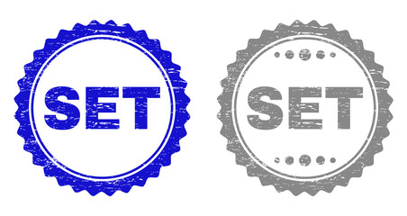 Grunge SET stamp seals isolated on a white background. Rosette seals with grunge texture in blue and grey colors. Vector rubber overlay of SET label inside round rosette. Stamp seals with dust styles.