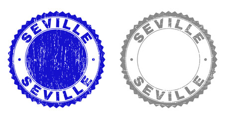 Grunge SEVILLE stamp seals isolated on a white background. Rosette seals with grunge texture in blue and gray colors. Vector rubber stamp imitation of SEVILLE tag inside round rosette.