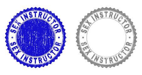 Grunge SEX INSTRUCTOR stamp seals isolated on a white background. Rosette seals with grunge texture in blue and gray colors. Vector rubber stamp imprint of SEX INSTRUCTOR tag inside round rosette.