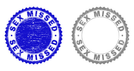 Obraz premium Grunge SEX MISSED stamp seals isolated on a white background. Rosette seals with distress texture in blue and grey colors. Vector rubber stamp imprint of SEX MISSED tag inside round rosette.