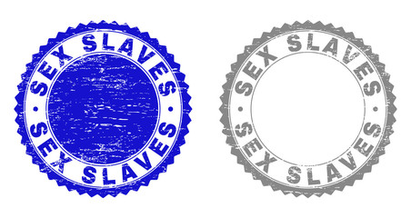 Grunge SEX SLAVES stamp seals isolated on a white background. Rosette seals with distress texture in blue and gray colors. Vector rubber stamp imprint of SEX SLAVES text inside round rosette.