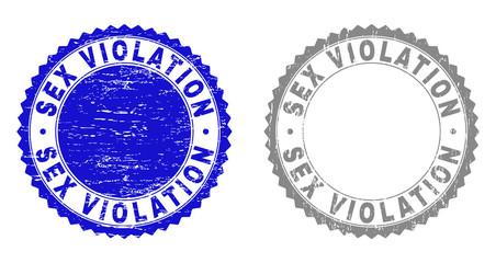 Grunge SEX VIOLATION stamp seals isolated on a white background. Rosette seals with distress texture in blue and gray colors. Vector rubber stamp imitation of SEX VIOLATION title inside round rosette.