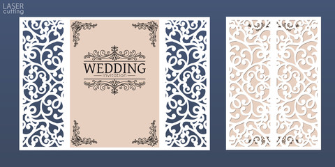 Laser cut wedding invitation card template vector. Die cut paper card with lace pattern. Cutout paper gate fold card for laser cutting or die cutting template.