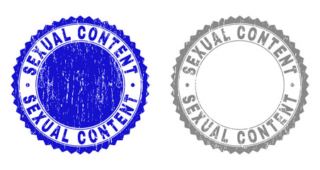 Grunge SEXUAL CONTENT stamp seals isolated on a white background. Rosette seals with distress texture in blue and grey colors. Vector rubber stamp imprint of SEXUAL CONTENT label inside round rosette.