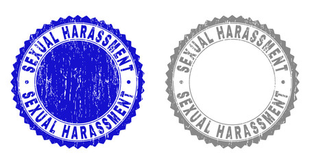 Grunge SEXUAL HARASSMENT stamp seals isolated on a white background. Rosette seals with grunge texture in blue and gray colors.