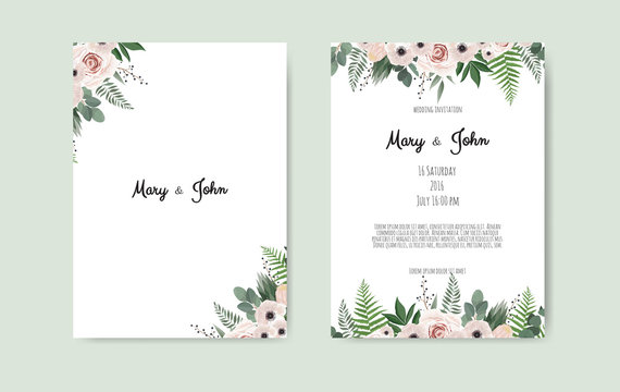 Card with flower rose, leaves. Wedding ornament concept. Floral poster, invite.