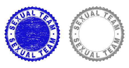 Grunge SEXUAL TEAM stamp seals isolated on a white background. Rosette seals with grunge texture in blue and grey colors. Vector rubber stamp imprint of SEXUAL TEAM label inside round rosette.