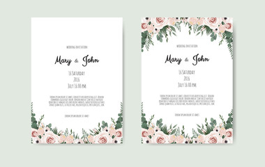 Fototapeta na wymiar Botanical wedding invitation card template design, white and pink flowers on white background.