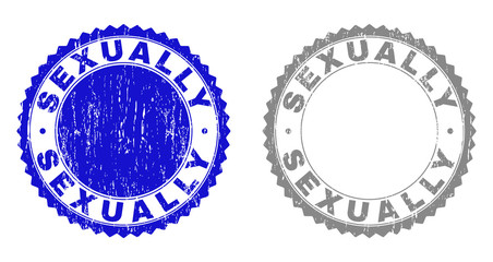 Grunge SEXUALLY stamp seals isolated on a white background. Rosette seals with grunge texture in blue and grey colors. Vector rubber stamp imprint of SEXUALLY tag inside round rosette.