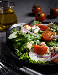 Fresh green salad with blue cheese, onions and cherry tomatoes
