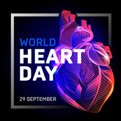 Vector human body heart with abstract 3d geometry lines and gradient waves art to medical world health heart day or medicine cardiology anatomy or  biology science organ wireframe on dark background