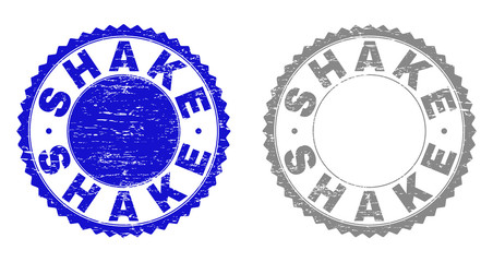 Grunge SHAKE stamp seals isolated on a white background. Rosette seals with grunge texture in blue and grey colors. Vector rubber stamp imitation of SHAKE tag inside round rosette.