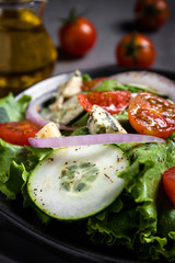 Fresh green salad with blue cheese, onions and cherry tomatoes