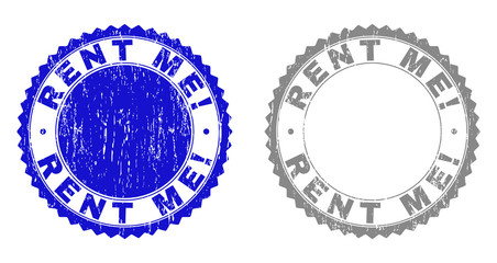 Grunge RENT ME! stamp seals isolated on a white background. Rosette seals with distress texture in blue and gray colors. Vector rubber stamp imitation of RENT ME! label inside round rosette.