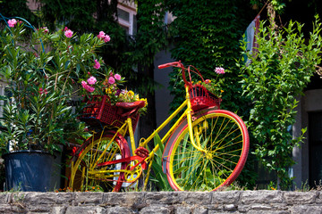 Fototapeta na wymiar empty colorful background with vintage bike and flowers, nobody