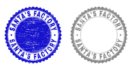 Grunge SANTA'S FACTORY stamp seals isolated on a white background. Rosette seals with grunge texture in blue and gray colors.