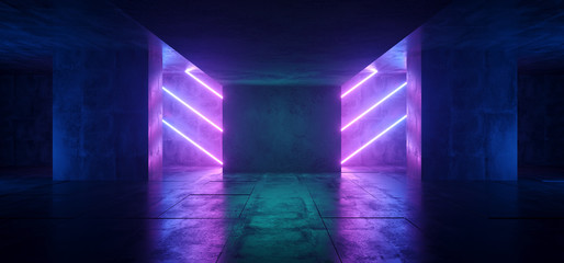 Sci Fi Neon Cyber Futuristic Modern Retro Alien Dance Club Glowing Purple Pink Blue Lights In Dark Empty Grunge Concrete Reflective Room Corridor Background 3D Rendering