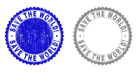 Grunge SAVE THE WORLD! watermarks isolated on a white background. Rosette seals with grunge texture in blue and gray colors.