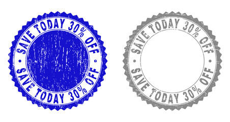 Grunge SAVE TODAY 30% OFF stamp seals isolated on a white background. Rosette seals with grunge texture in blue and gray colors. Vector rubber overlay of SAVE TODAY 30% OFF title inside round rosette.