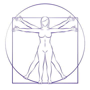 Vitruvian woman. Sacred geometry of female body placed in circle and square. Isolated vector illustration on white background.