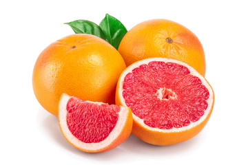 grapefruit and half with leaves isolated on white background
