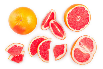 Grapefruit and slices isolated on white background. Top view. Flat lay pattern