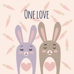 Cute Bunnies vector illustration. Cartoon Bunny character with Heart. Rabbits couple in love. Background with carrots