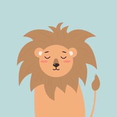 cute little lion in cartoon style on sky blue background. the soul of the child. vector illustration. Baby greeting card