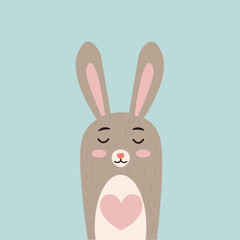 Happy Easter Bunny. Vector illustration for Easter greeting card, invitation with white cute rabbit on sky blue background