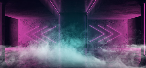 Smoke Fog Neon Arrow Shaped Sci Fi Modern Futuristic Alien Purple Pink Blue Glowing Laser Led Lights Empty Space Background Grunge Reflective Concrete Tiles 3D Rendering