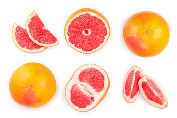 Grapefruit and slices isolated on white background. Top view. Flat lay pattern. Set or collection